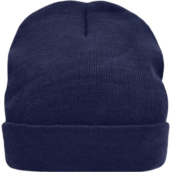 A navy knitted cap featuring a fold-over brim and a smooth texture, with a logo on the side.