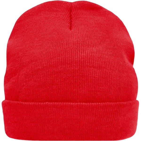 A red knitted cap made from Thinsulate material, featuring a rolled cuff, with a logo on the side.