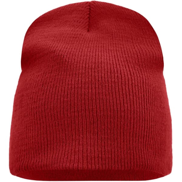 A red beanie with a ribbed texture, featuring a snug fit and a rounded top. It has a logo.
