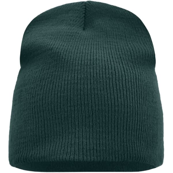 A dark green beanie with a ribbed texture, featuring a folded brim. The product has a logo.