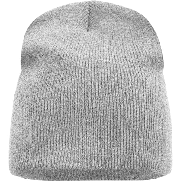 A grey beanie with a ribbed texture, featuring a simple design and no visible logos.