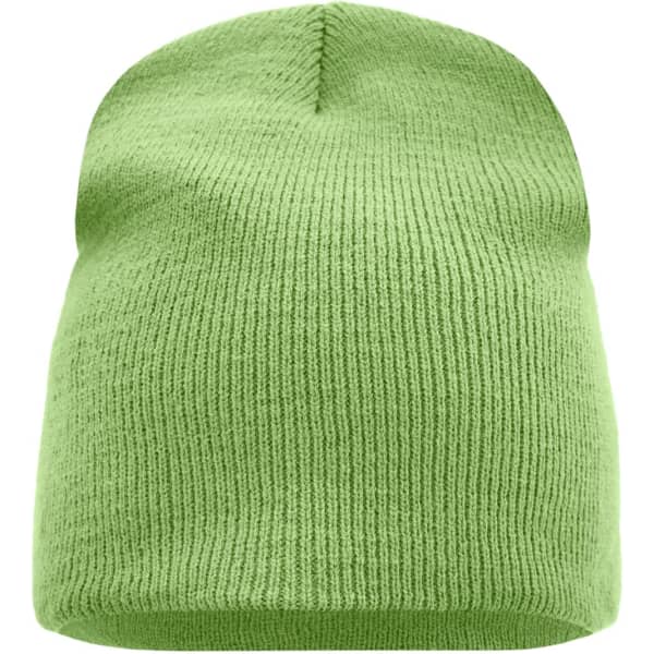 A green beanie with a ribbed texture, featuring a simple design and no visible logos.