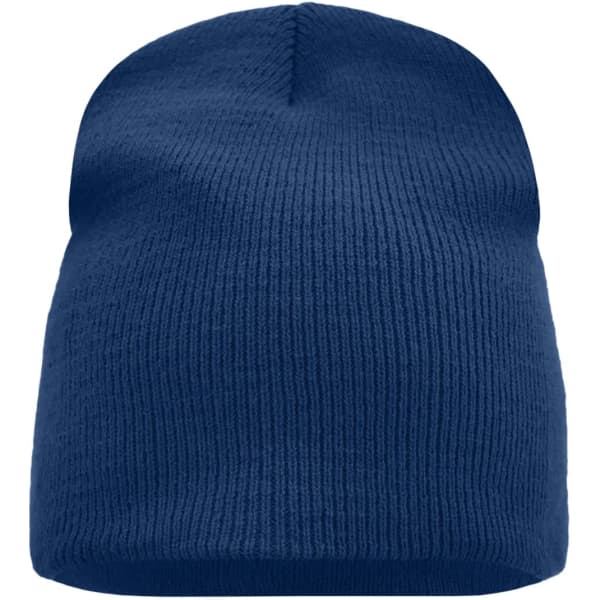 A blue beanie with a ribbed texture, featuring a rounded crown and no visible branding.