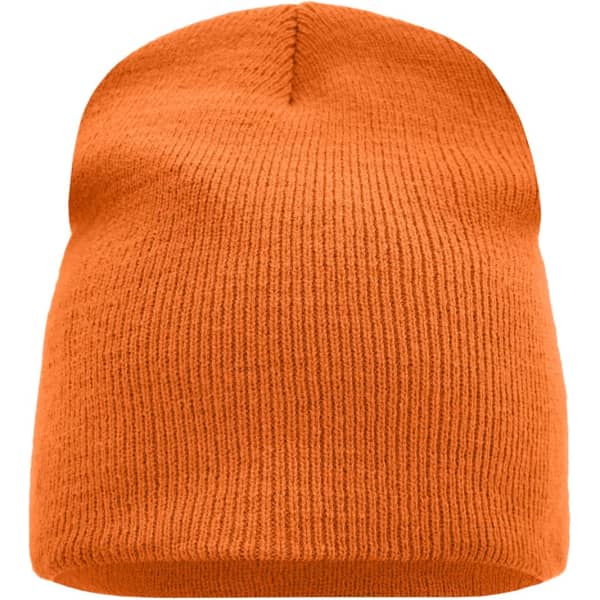 An orange beanie with a ribbed texture, featuring a branded label.