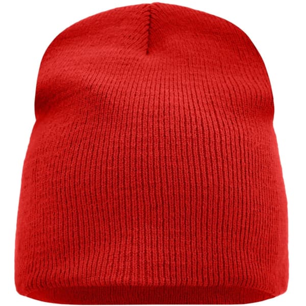 A red beanie with a ribbed texture, featuring a logo on the side.
