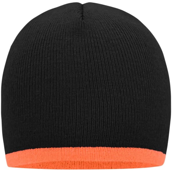 A black beanie featuring a contrasting orange border at the bottom. It has a simple design and a snug fit.