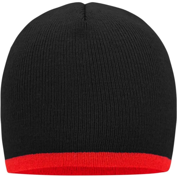 A black beanie with a contrasting red border, featuring a snug knit design and a logo on the side.