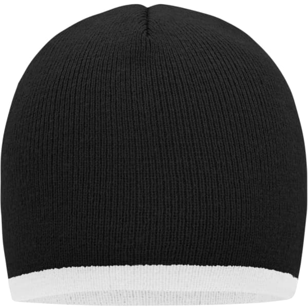 A black beanie with a contrasting white border, featuring a textured knit design and a smooth top.