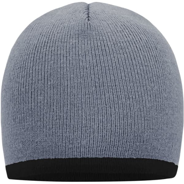 A grey beanie with a contrasting black border, featuring a seamless design and a rounded top.