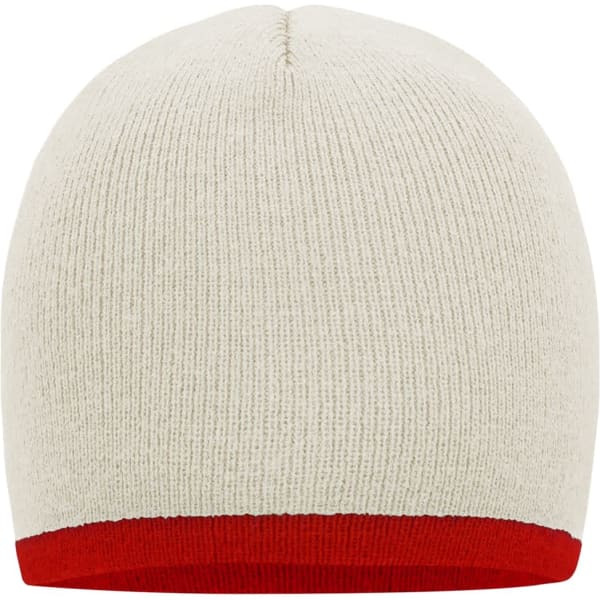 A beanie in cream with a contrasting red border at the bottom, featuring a logo.