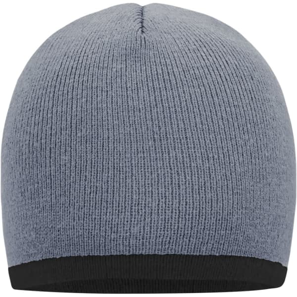 A grey beanie with a contrasting black border. The beanie features a knitted texture and has no visible logos.