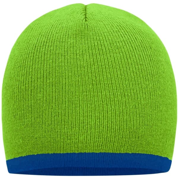 A beanie in vibrant green with a contrasting blue border at the bottom. It features a logo on one side.