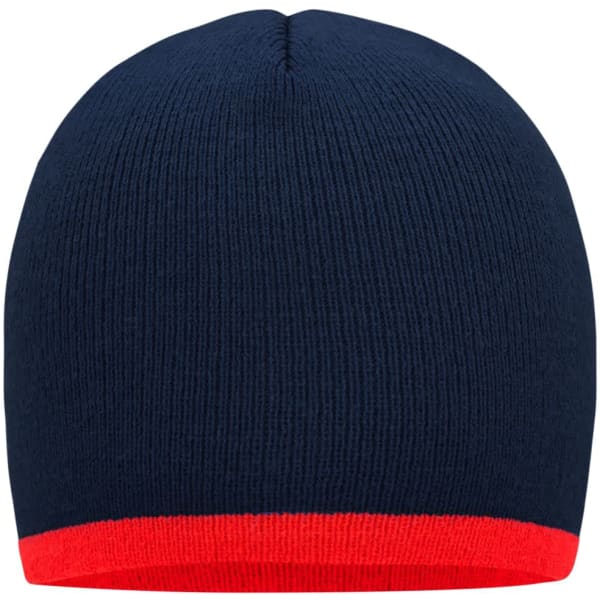 A navy beanie with a contrasting red border, featuring a logo on the side.