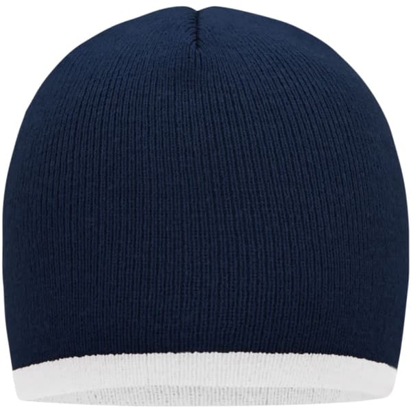 A navy beanie with a contrasting white border, featuring a snug fit and ribbed texture. It has a logo on the side.