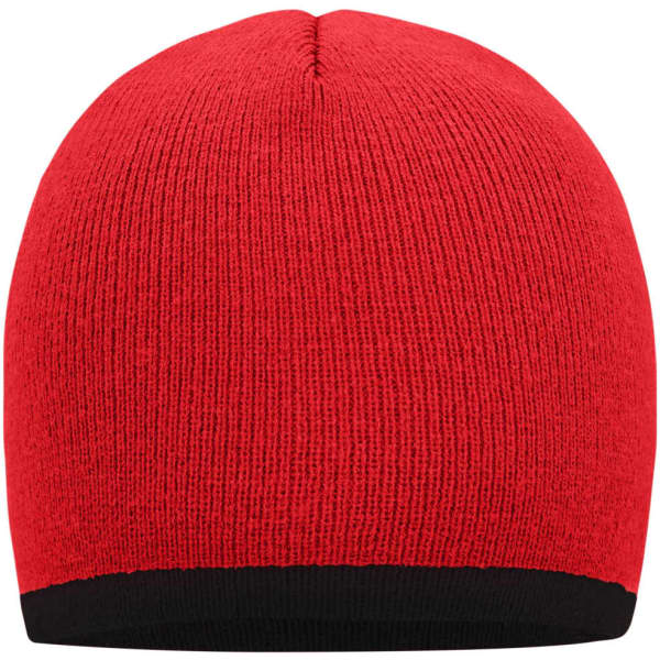 A red beanie with a contrasting black border, featuring a logo on the side.