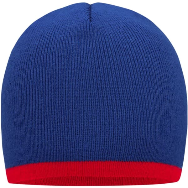 A blue beanie with a contrasting red border, featuring a knitted texture and no visible logos.