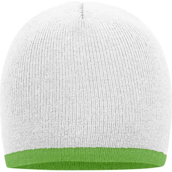 A beanie with a white body and a contrasting green border, featuring ribbed texture and a logo.