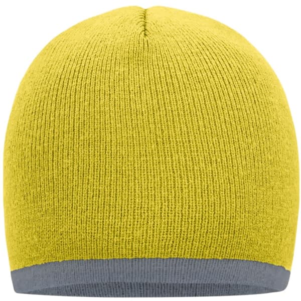 A beanie in bright yellow with a contrasting grey border at the bottom, featuring a logo on one side.