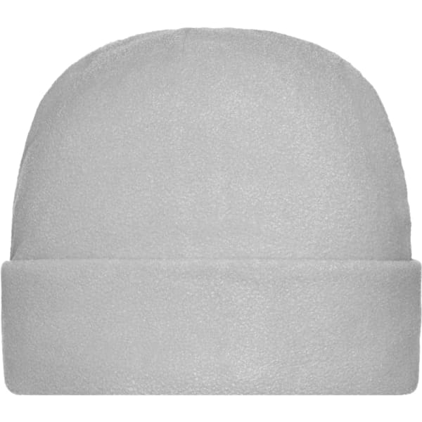 A grey microfleece cap with a roll-up brim, featuring a logo on the front.