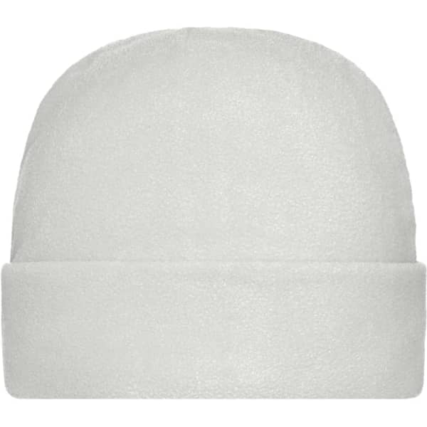 A soft, light grey microfleece cap with a rolled brim and a smooth texture. It features a logo on the front.