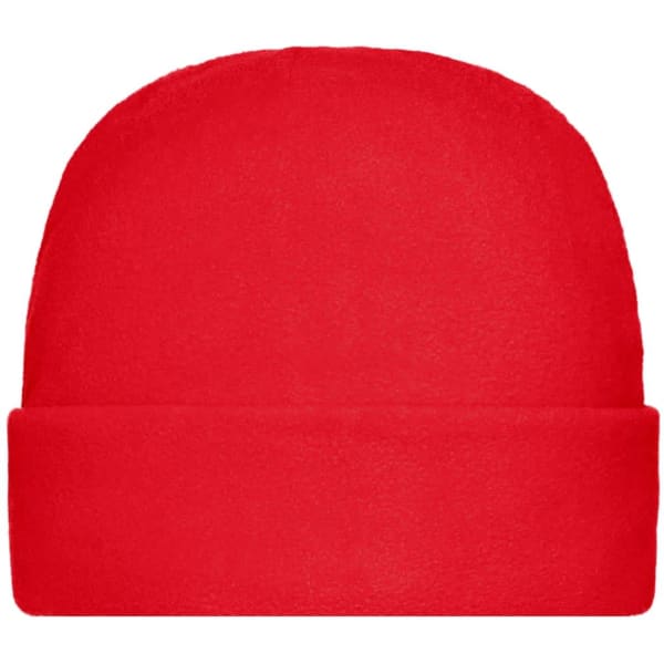 A red microfleece cap with a folded brim, featuring a logo on the side.