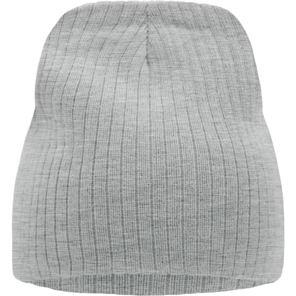 A ribbed beanie in light grey, featuring a soft texture and a simple design. It includes a logo.