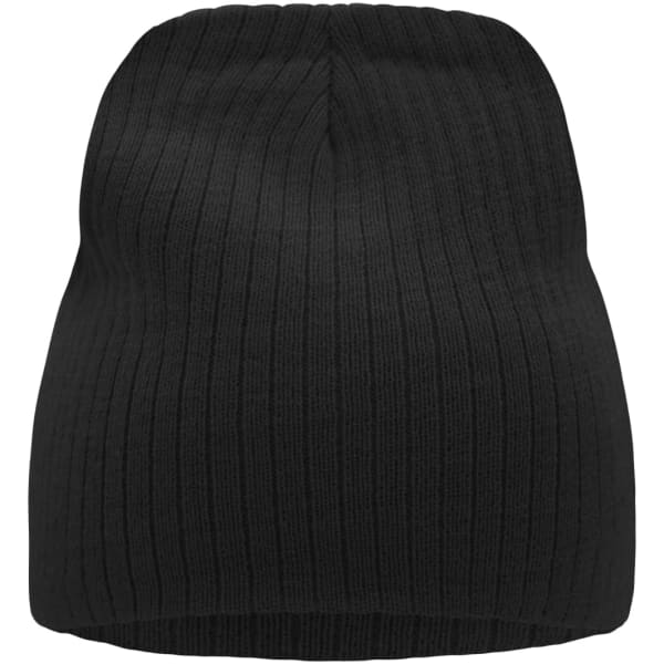 A black ribbed beanie with a smooth finish, featuring a logo on the side.