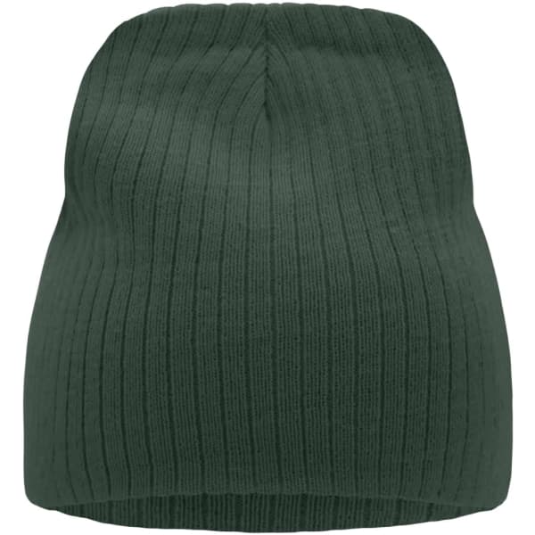 A dark green ribbed beanie featuring a snug, textured design with a simple shape and a branding logo.