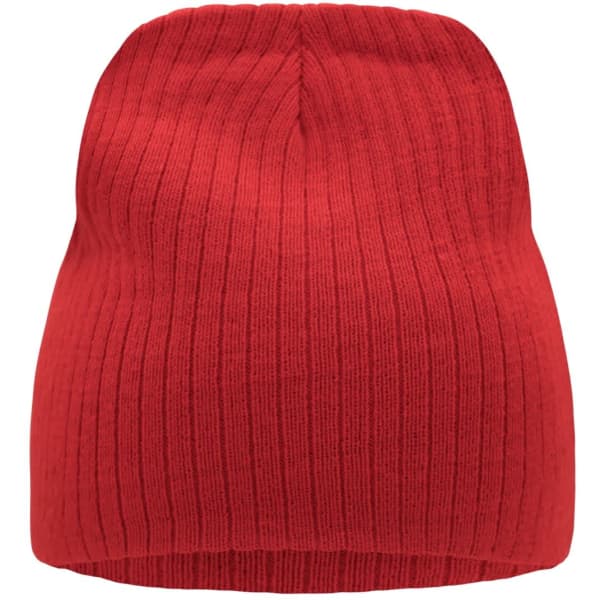 A red ribbed beanie with a snug fit and a simple design. It features a branding logo.
