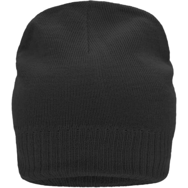 A black knitted beanie featuring a fleece inset, showcasing a ribbed knit design and a snug fit.