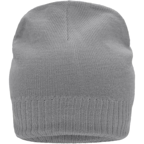 A grey knitted beanie with a fleece inset, featuring a snug fit and ribbed detailing at the base.
