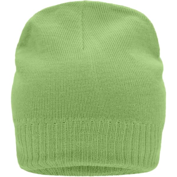 A green knitted beanie with a fleece inset, featuring a textured knit pattern and a snug fit.