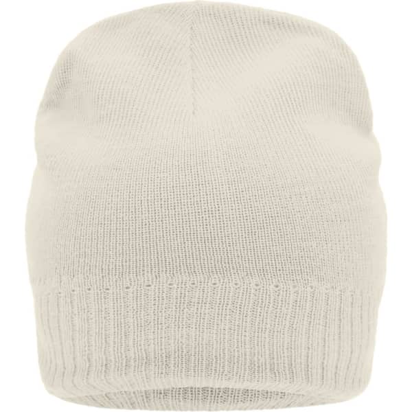 A knitted beanie in cream colour featuring a soft fleece inset for added warmth. It has a logo on it.