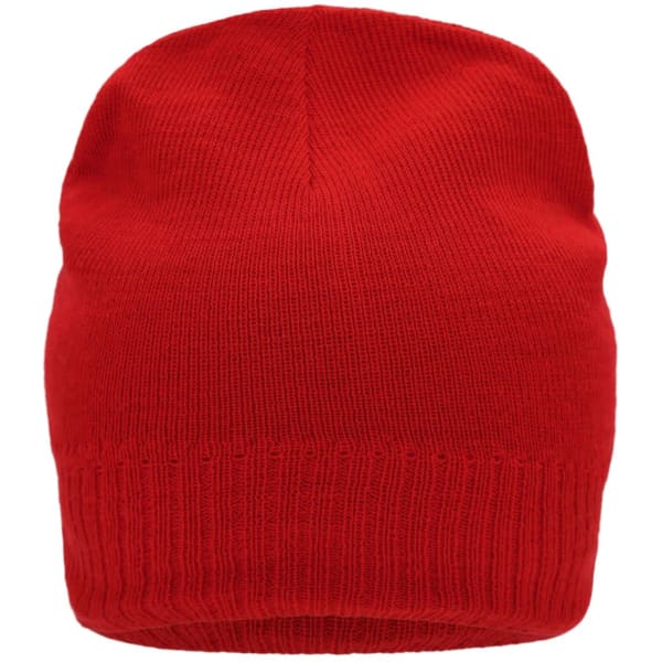 A red knitted beanie with a fleece inset and a ribbed hem, featuring a logo.