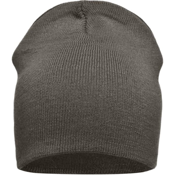A cotton beanie in a dark grey colour with a simple, knitted design and a logo on the side.