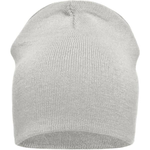 A grey cotton beanie displayed with a knitted texture, featuring a logo on the side.