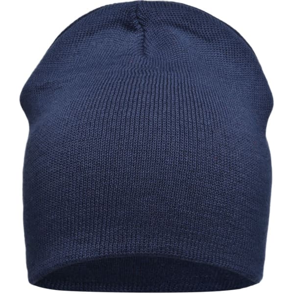 A navy blue cotton beanie with a simple, knitted texture and no visible branding.