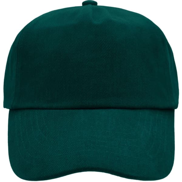 A five-panel cap in green featuring a curved brim and a logo on the front.