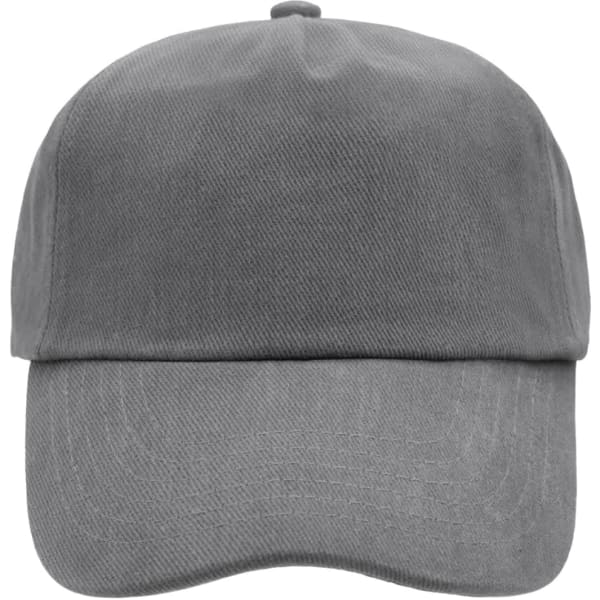 A grey 5 panel cap featuring a curved brim and a logo on the front. Ideal for casual headwear.