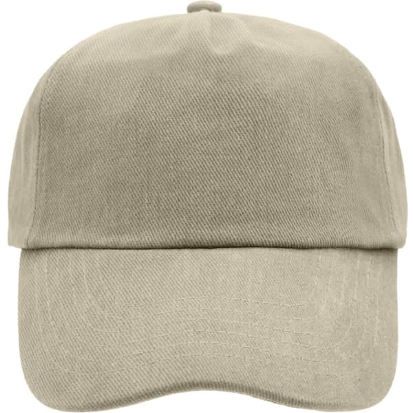 A 5-panel cap in a light beige colour with a curved brim and a logo on the front.