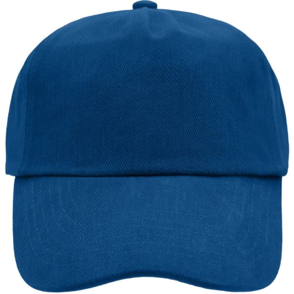 A blue 5 panel cap featuring a curved brim and a logo on the front.
