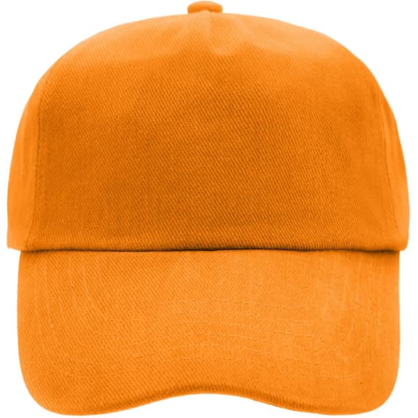 An orange 5 panel cap featuring a curved brim and a logo on the front.