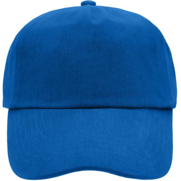 A blue 5 panel cap featuring a curved brim and a plain design, with a logo on the front.