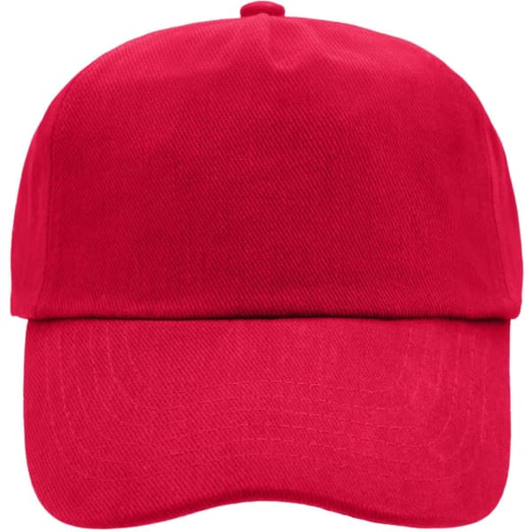 A red 5 panel cap featuring a structured design and a curved brim. The cap has a logo on the front.