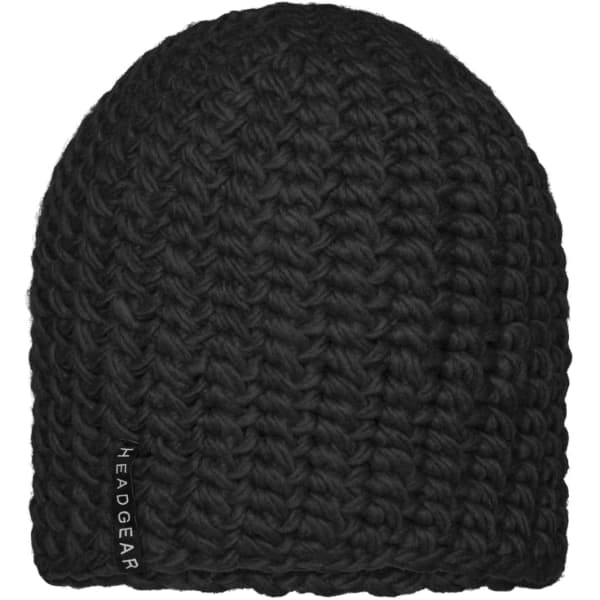 A casual oversized crocheted cap in black with a small branding logo on the side.