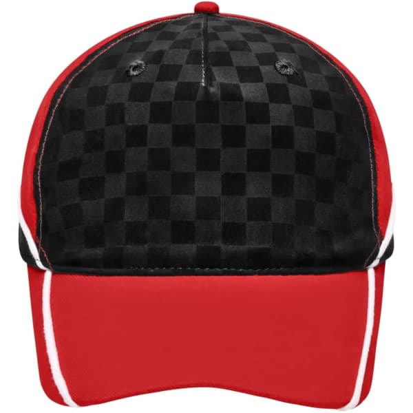 A red and black 5 Panel Racing Cap with a checkered pattern and a logo on the front.