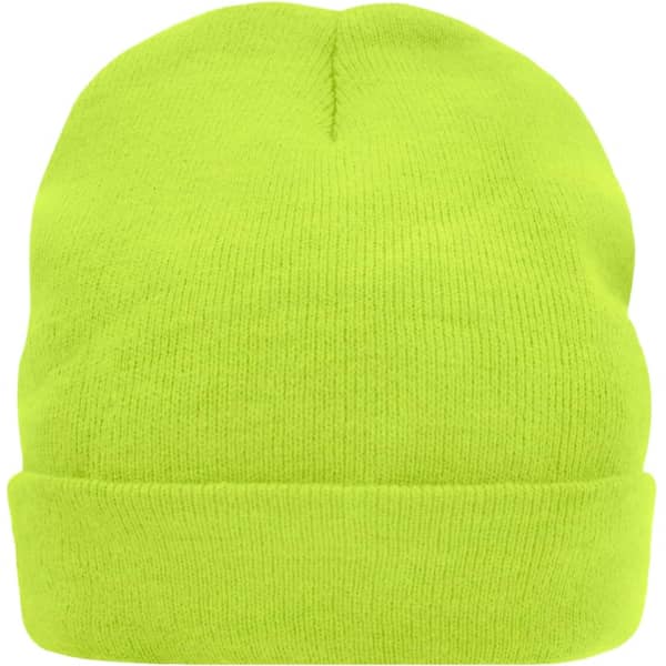A knitted cap in vibrant neon green, featuring a foldable brim and textured fabric. It has a logo on it.