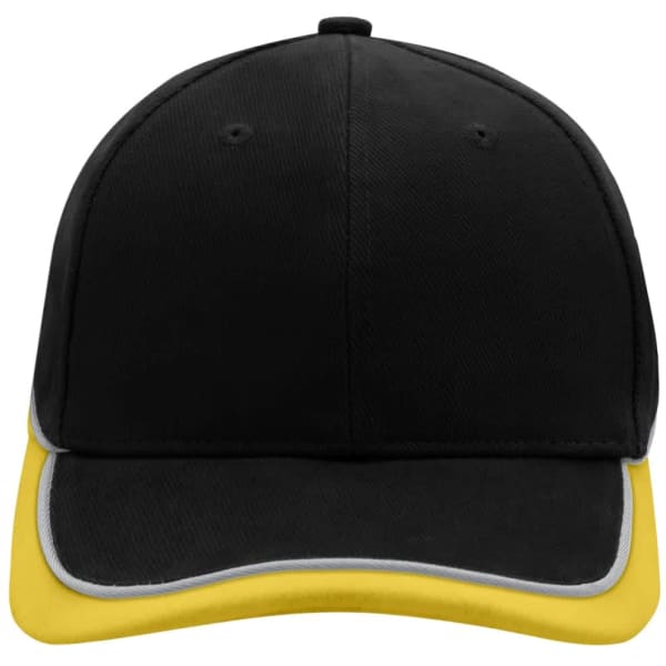 A black cap with a yellow trim and grey piping, featuring a logo on the front.