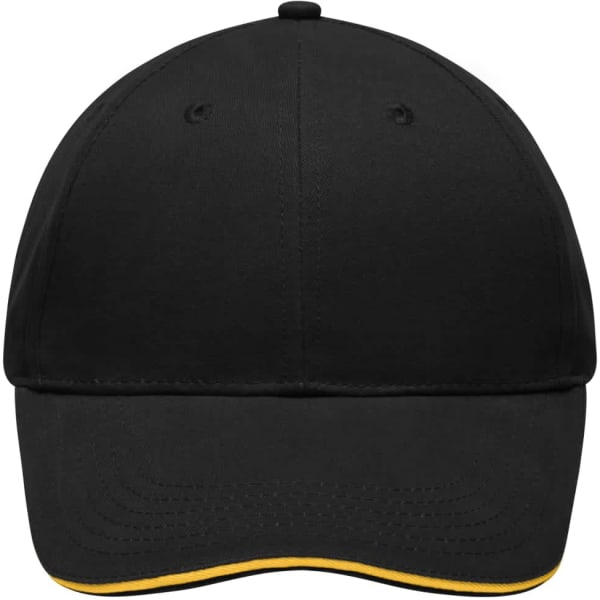 A black cap with a yellow trim and a logo on the front. It features a classic design suitable for headwear.
