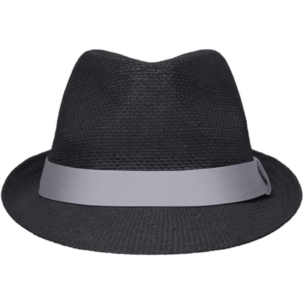 A black fedora hat featuring a grey band, showcasing a classic street style design.